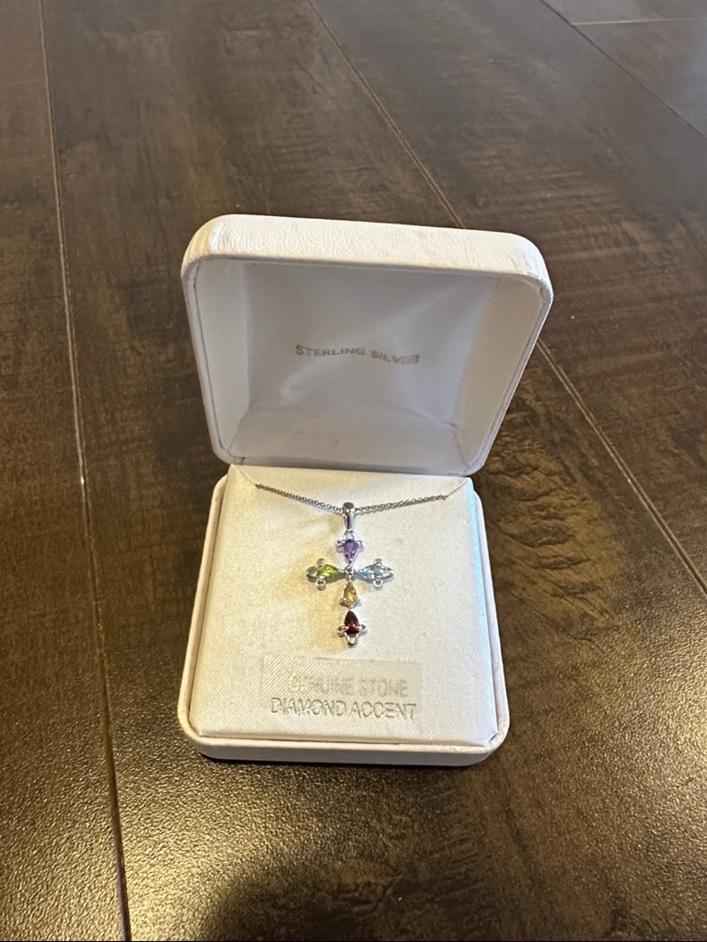 Sterling Silver Multi-Gem Cross Pendant Necklace - White